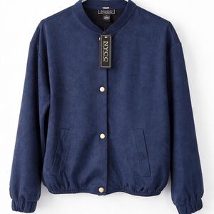 NYCC Women’s Navy Blue Faux Suede Bomber Jacket Gold Snap Buttons Pockets Size M